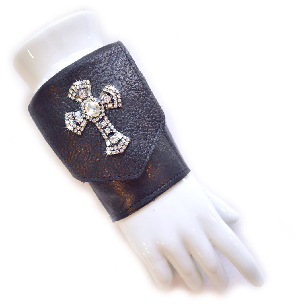 Wrist Wallet Cuff Black Leather with Crystal Cross