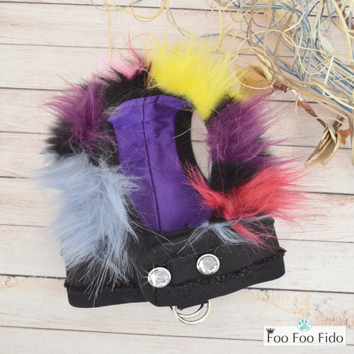 Little Monster Denim Fabric and Multi Faux Fur Step in Dog Harness